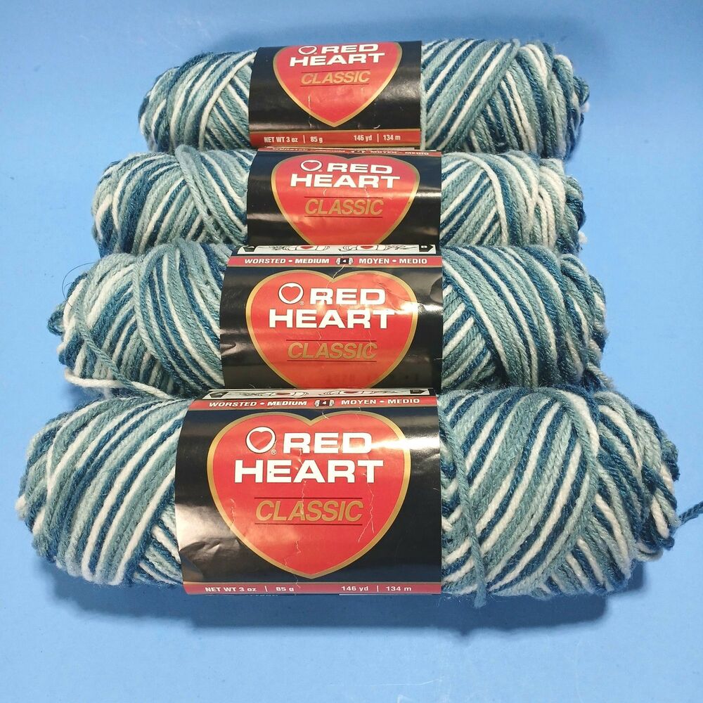 Red Heart Lot of 4 Skeins Acrylic Yarn, Each 3oz. & 146 Yds Country Blues, #0974